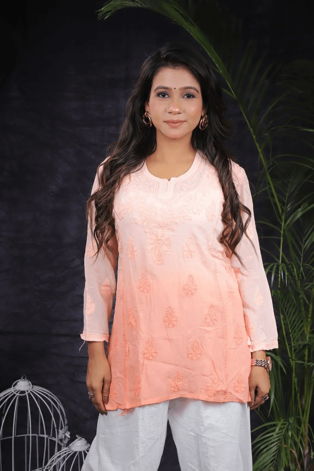 Peach Ambre Mal Cotton Chikankari Handwork Short Kurti - Awadhkari