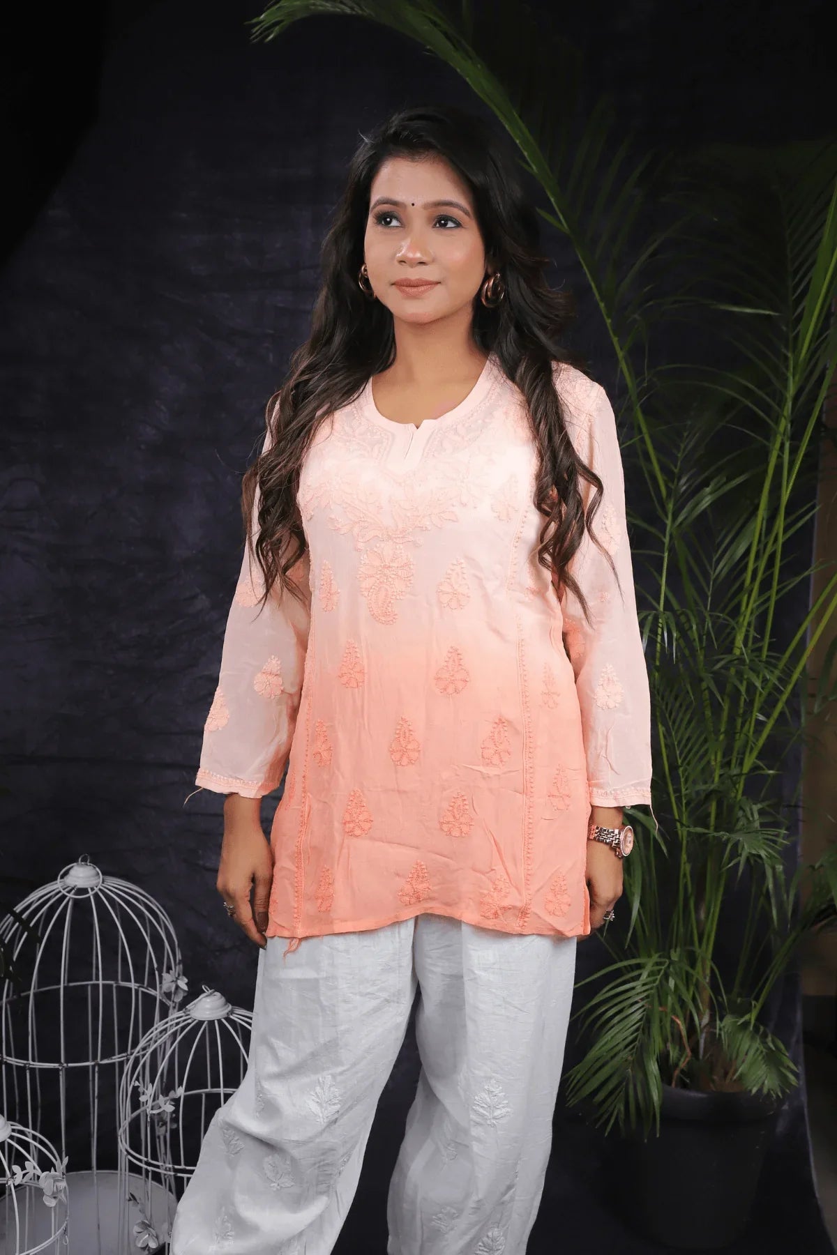Peach Ambre Mal Cotton Chikankari Handwork Short Kurti - Awadhkari