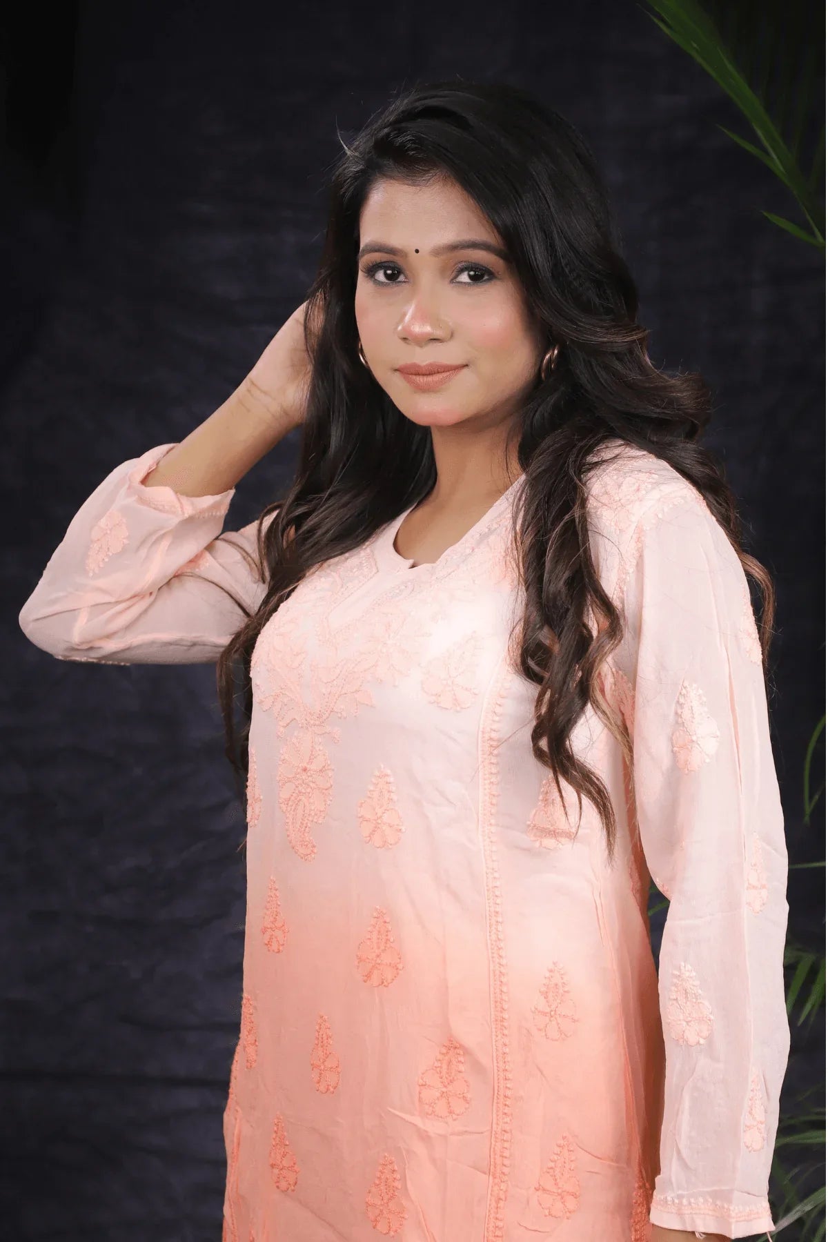 Peach Ambre Mal Cotton Chikankari Handwork Short Kurti - Awadhkari