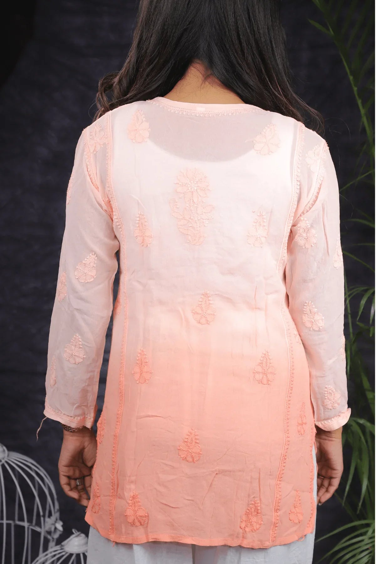 Peach Ambre Mal Cotton Chikankari Handwork Short Kurti - Awadhkari