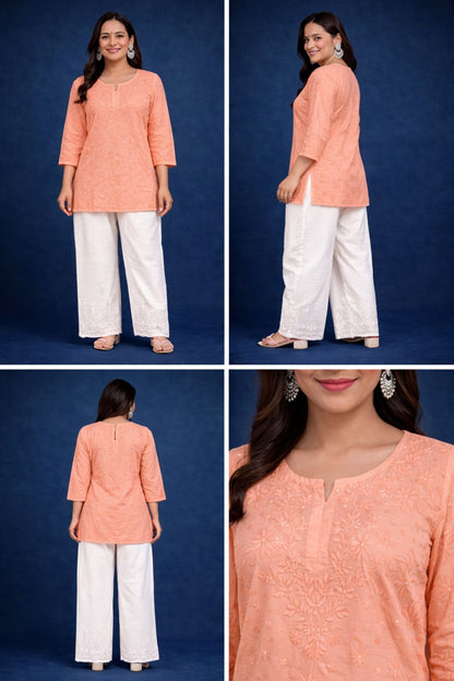 Peach Orange Chanderi Silk Chikankari Short Kurta