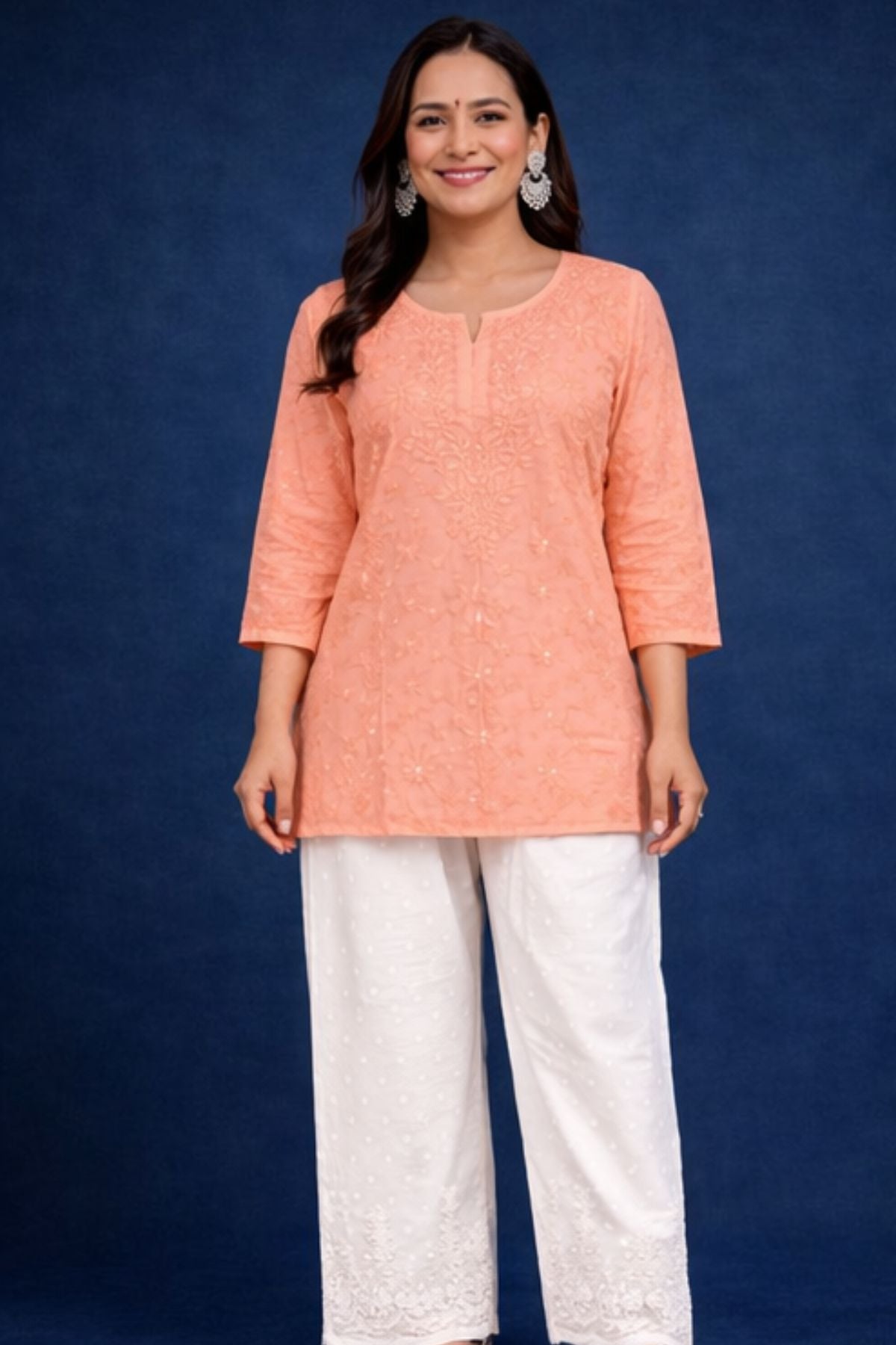 Peach Orange Chanderi Silk Chikankari Short Kurta