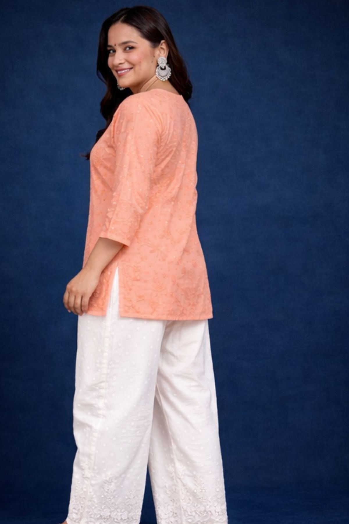 Peach Orange Chanderi Silk Chikankari Short Kurta
