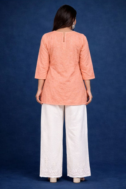 Peach Orange Chanderi Silk Chikankari Short Kurta