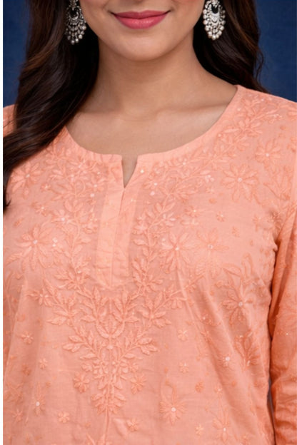 Peach Orange Chanderi Silk Chikankari Short Kurta