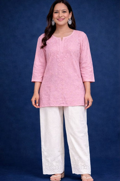 Pink Chanderi Silk Chikankari Short Kurta
