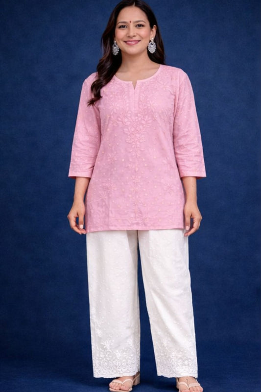 Pink Chanderi Silk Chikankari Short Kurta