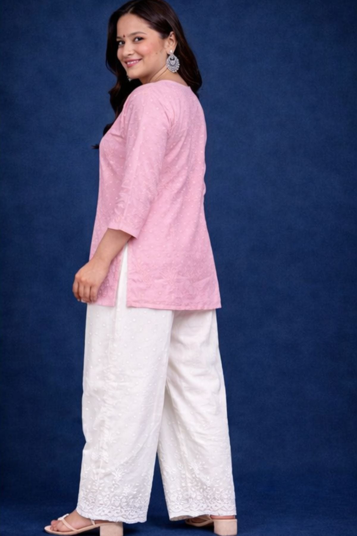 Pink Chanderi Silk Chikankari Short Kurta