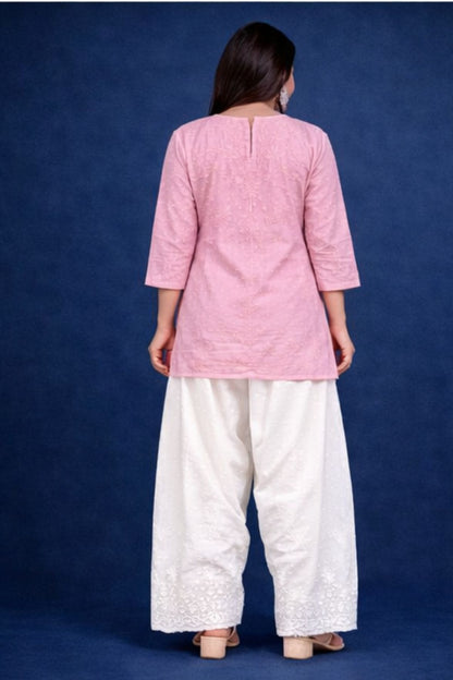 Pink Chanderi Silk Chikankari Short Kurta