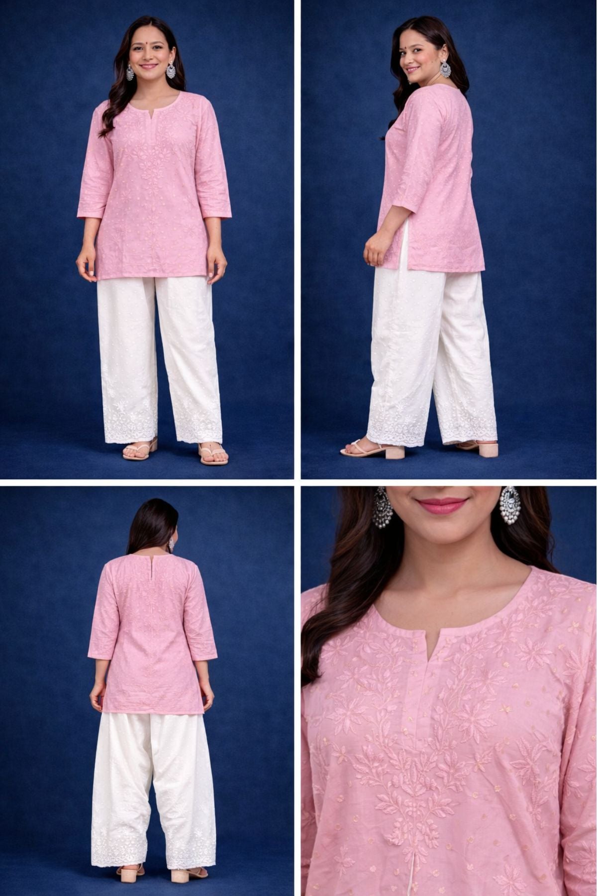 Pink Chanderi Silk Chikankari Short Kurta
