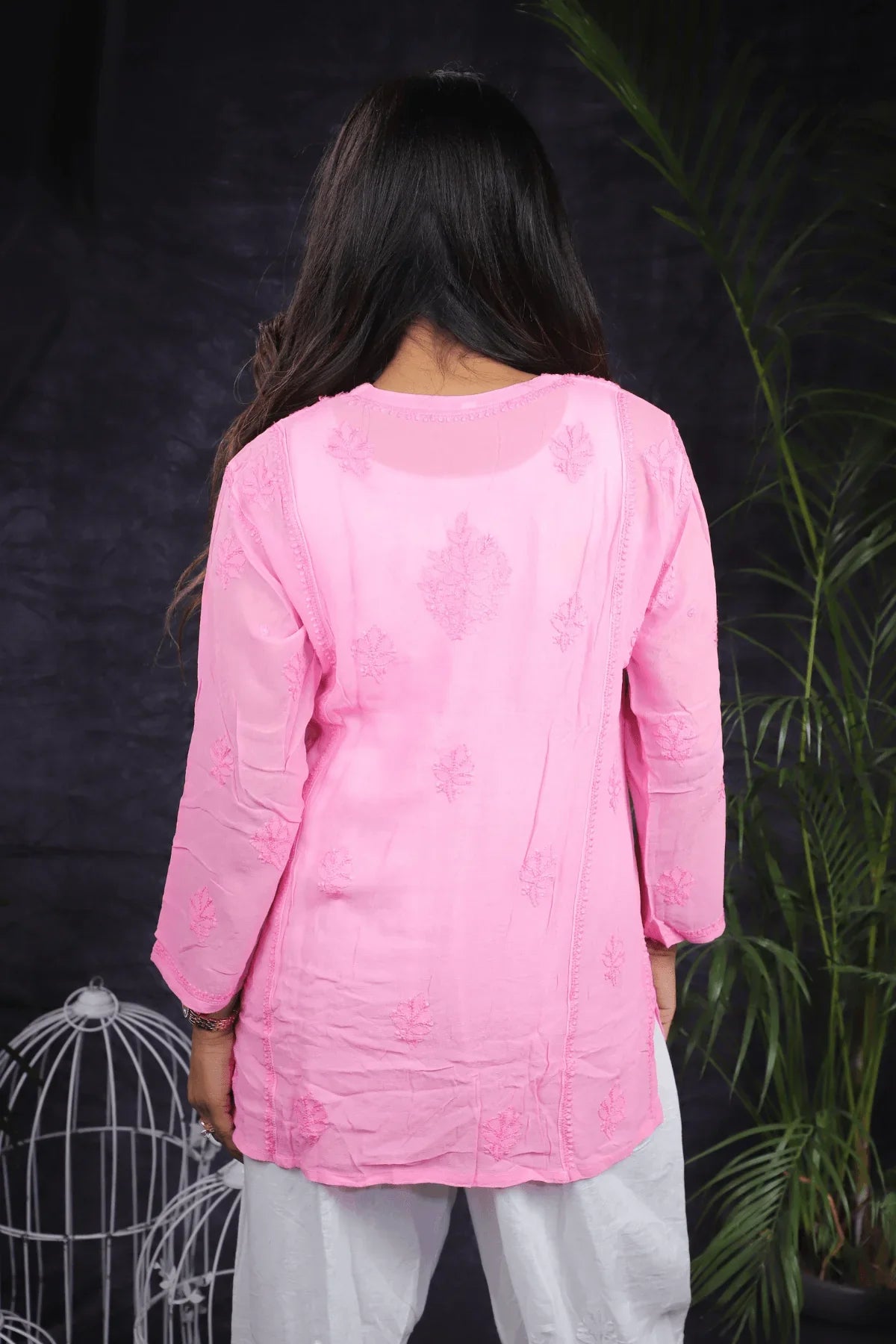 Pink Chikankari Mal Cotton Short Kurti - Awadhkari