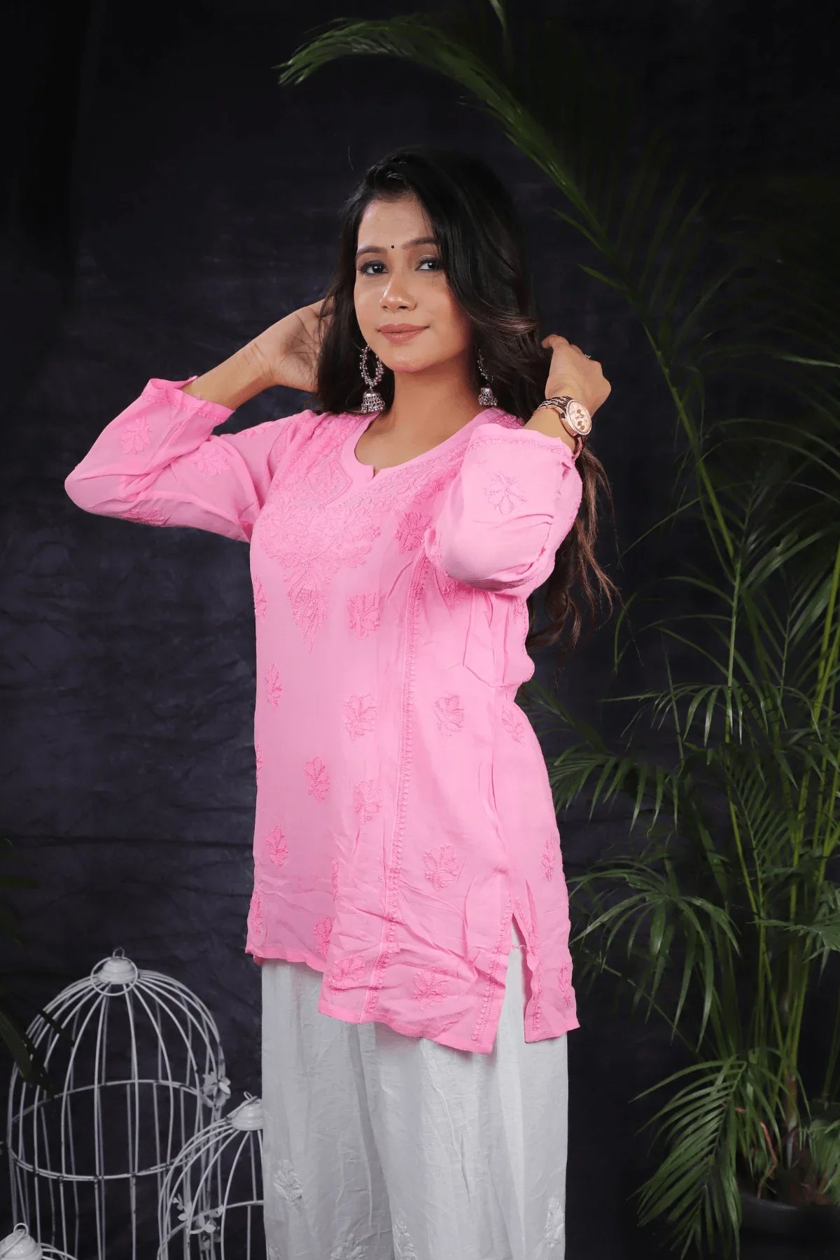 Pink Chikankari Mal Cotton Short Kurti - Awadhkari