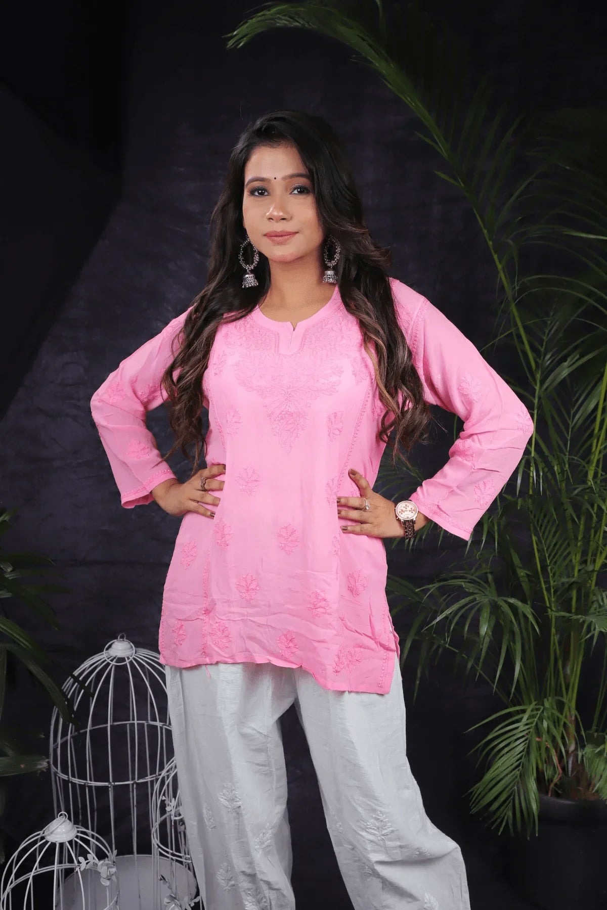 Pink Chikankari Mal Cotton Short Kurti - Awadhkari