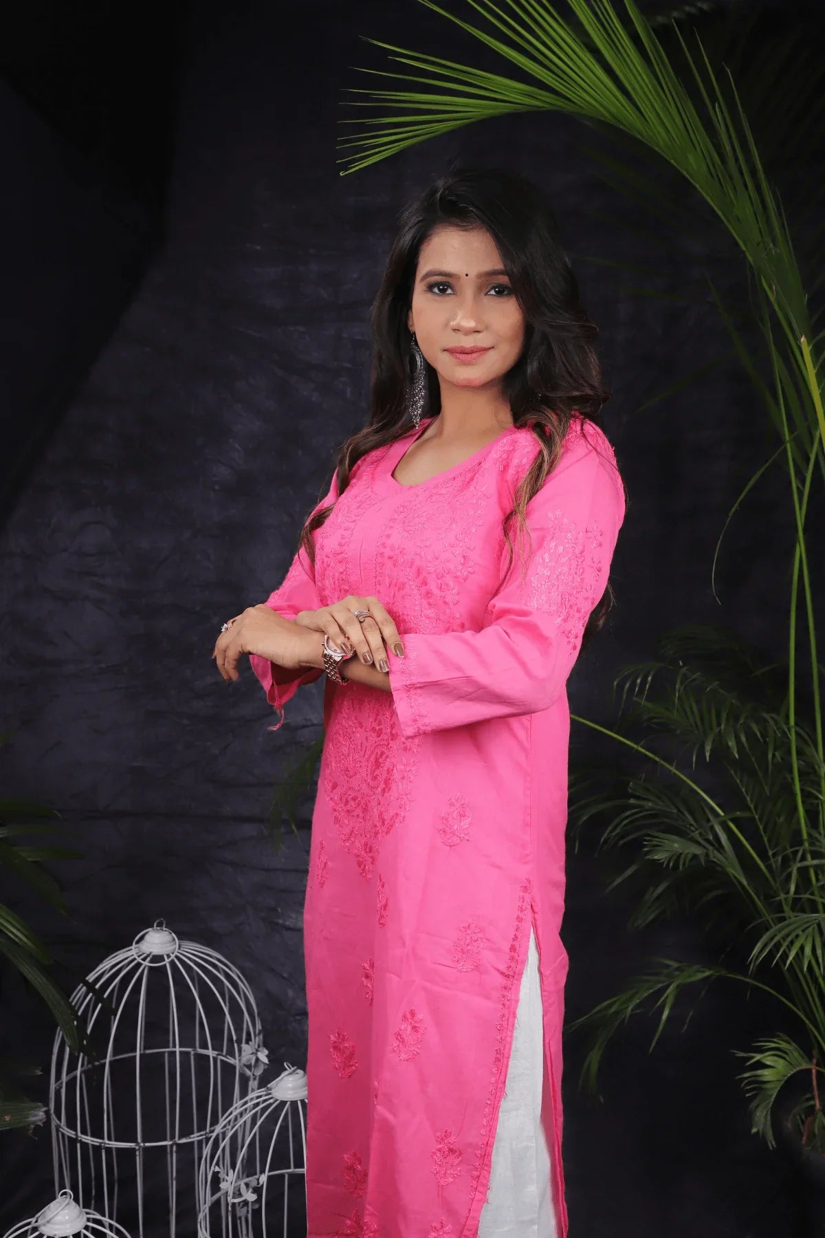 Pink Mal Cotton Resham Thread Long Kurti - Awadhkari