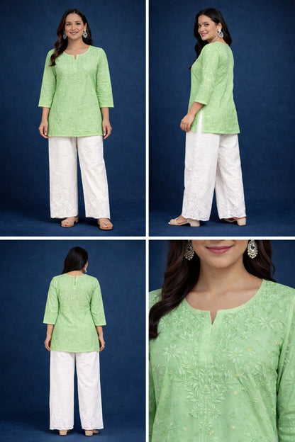 Pista Green Chanderi Silk Chikankari Short Kurta