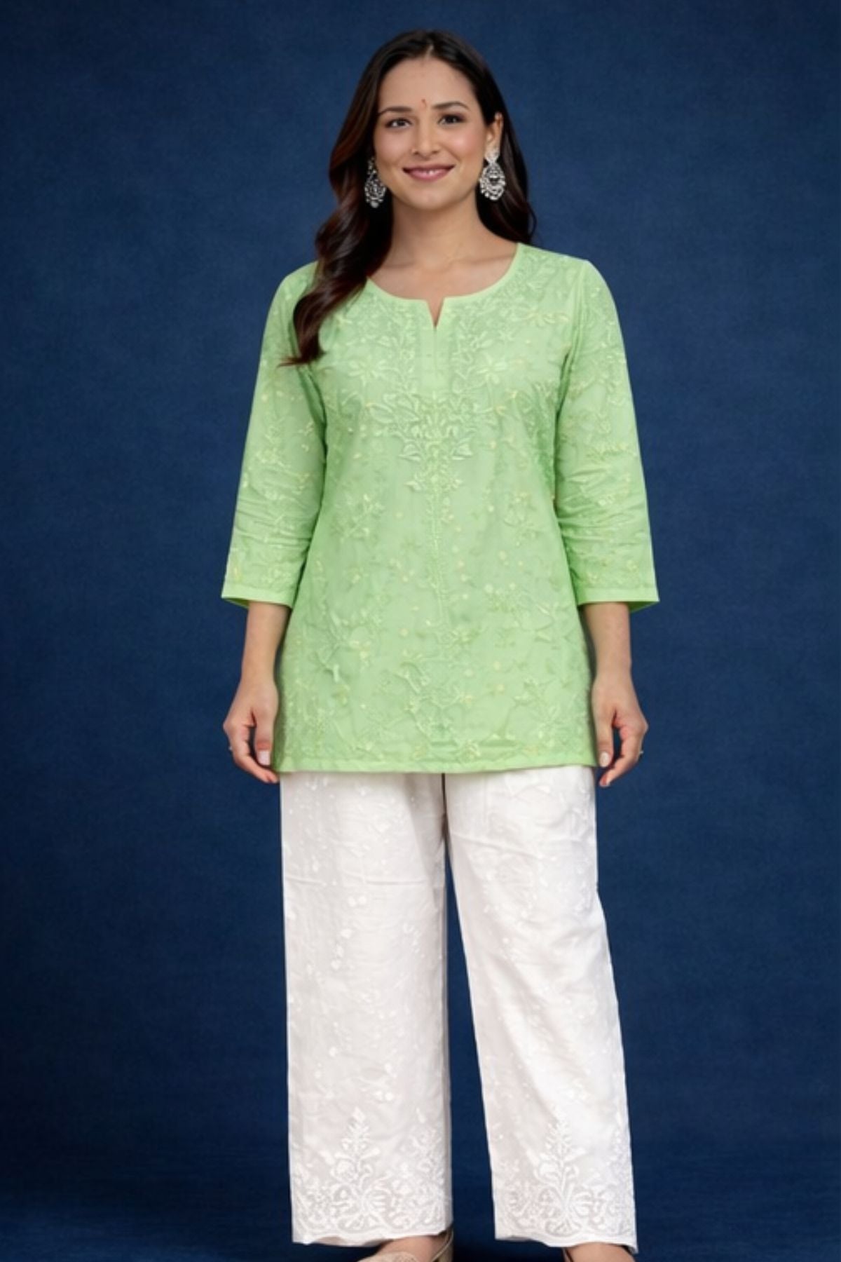 Pista Green Chanderi Silk Chikankari Short Kurta
