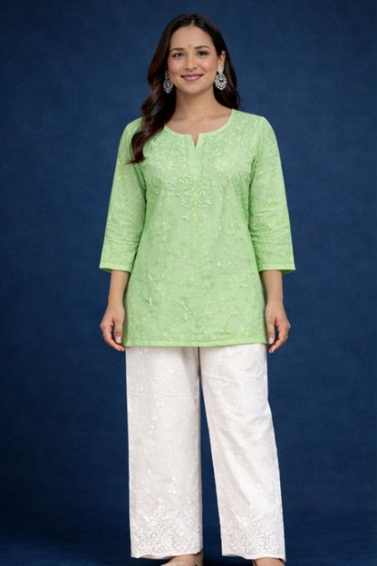 Pista Green Chanderi Silk Chikankari Short Kurta