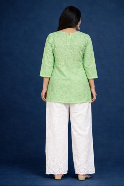 Pista Green Chanderi Silk Chikankari Short Kurta