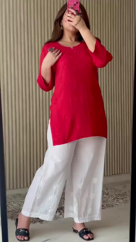 Red Mal Cotton Chikankari Handwork Short Kurti - Awadhkari