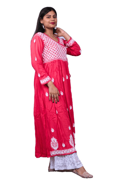 Red Modal Cotton Frock Style Long Gown - Awadhkari