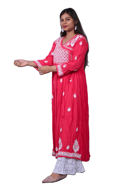 Red Modal Cotton Frock Style Long Gown - Awadhkari
