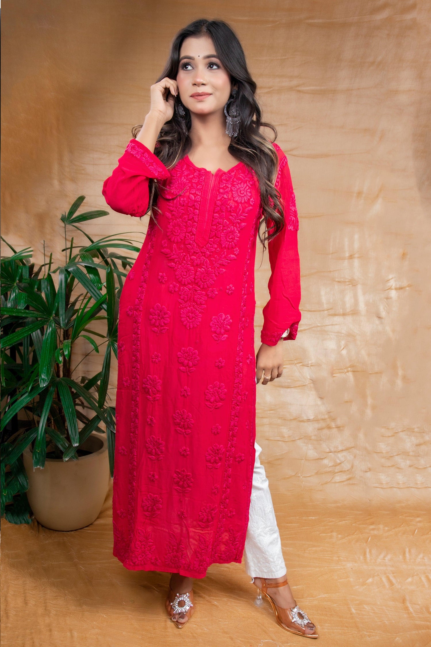 Red Pure Viscose Premium Handwork Chikankari Long Kurti - Awadhkari