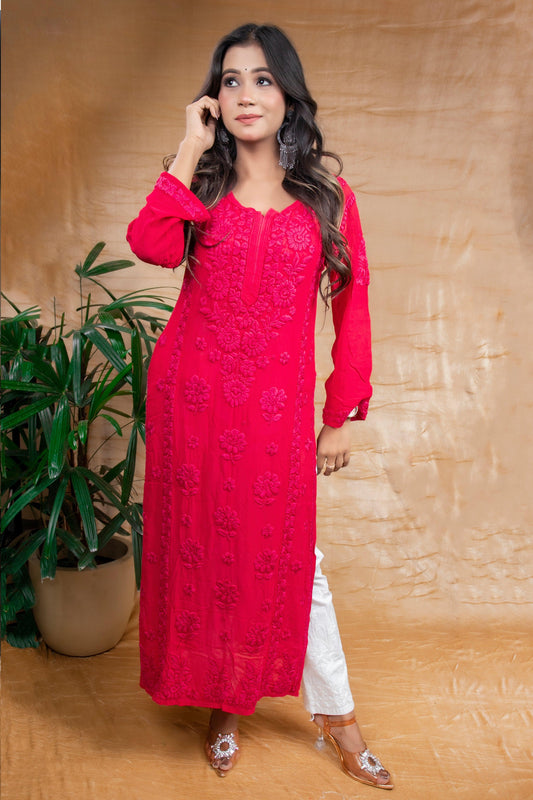 Red Pure Viscose Premium Handwork Chikankari Long Kurti - Awadhkari