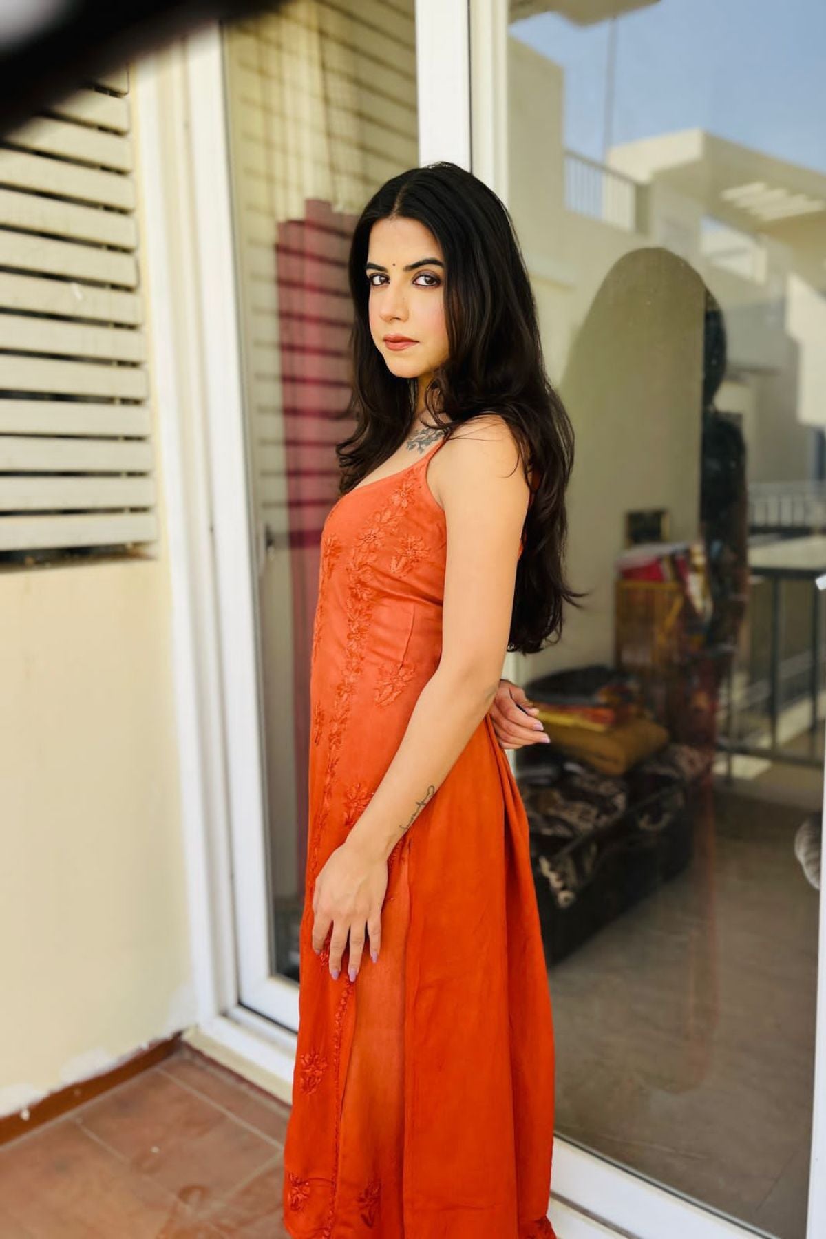 Rust Orange Modal Noodle Strap Chikankari Kurta Set