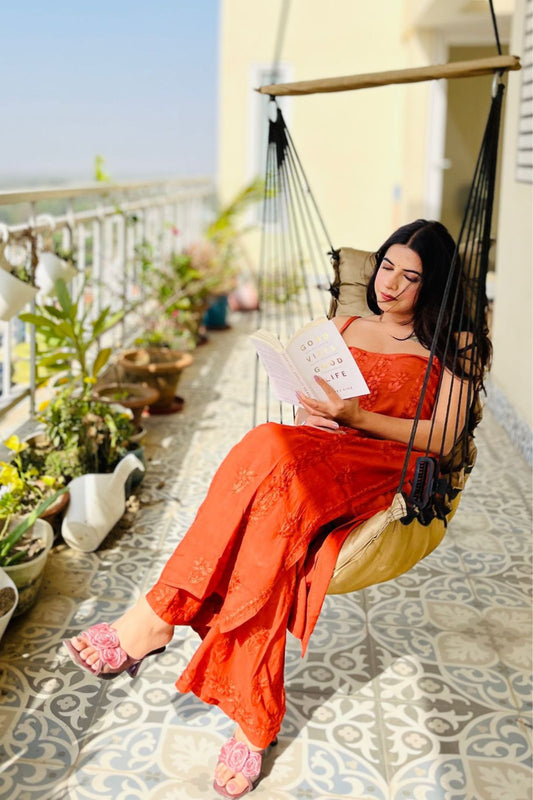 Rust Orange Modal Noodle Strap Chikankari Kurta Set