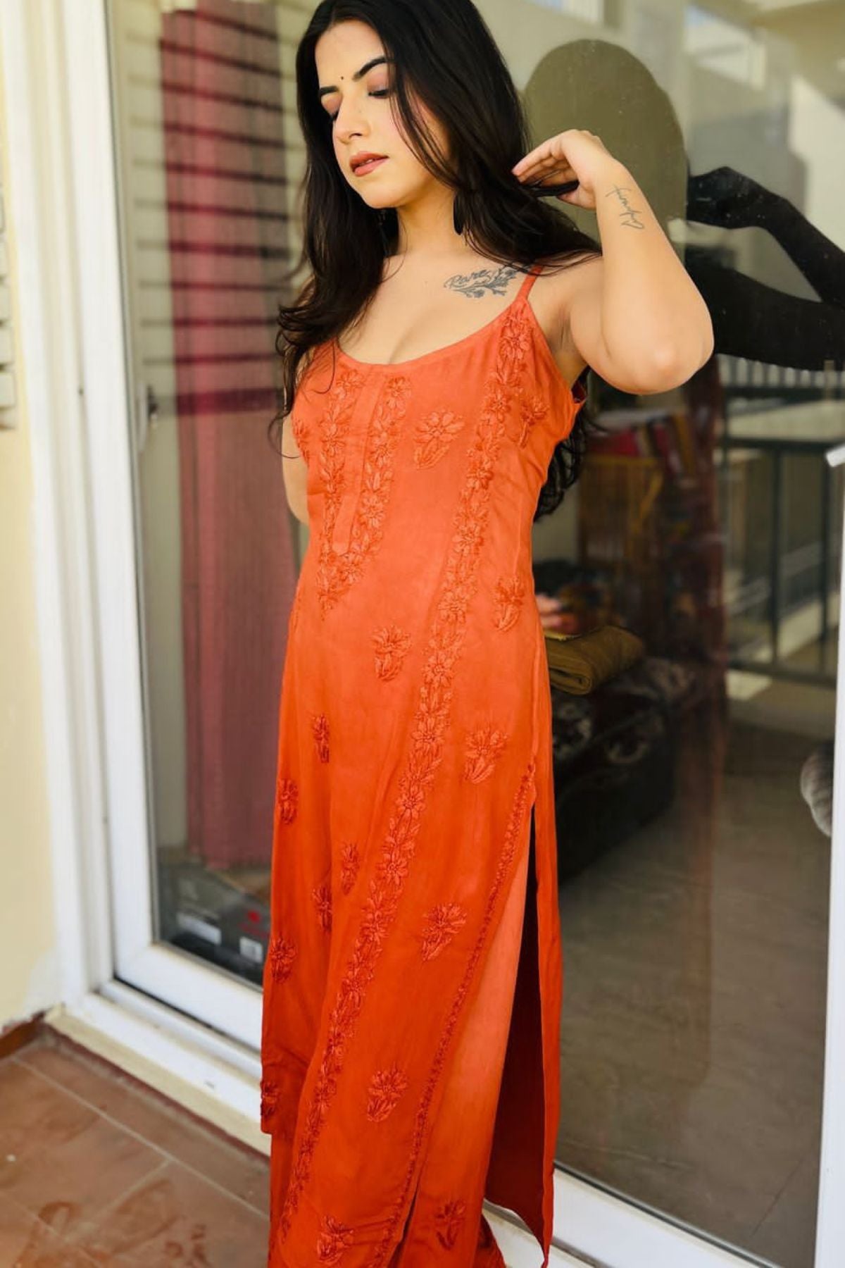 Rust Orange Modal Noodle Strap Chikankari Kurta Set