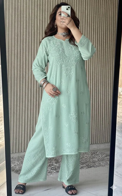 Sea Green Lucknowi Chikankari Beautiful Designer Dyeble Chanderi silk Plazo Set - Awadhkari