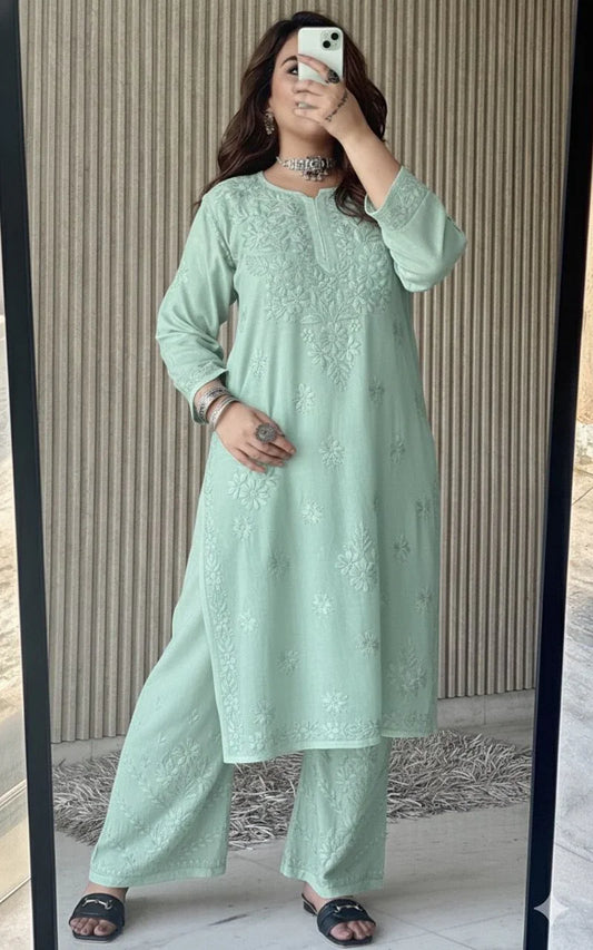 Sea Green Lucknowi Chikankari Beautiful Designer Dyeble Chanderi silk Plazo Set - Awadhkari