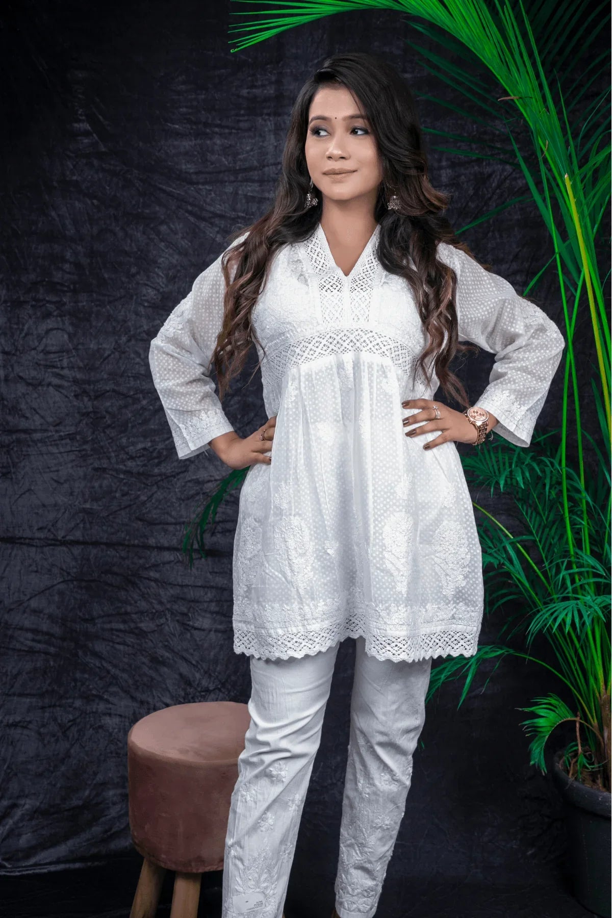 Voile Cotton Chikankari with Qureshia Short Kurti - Awadhkari