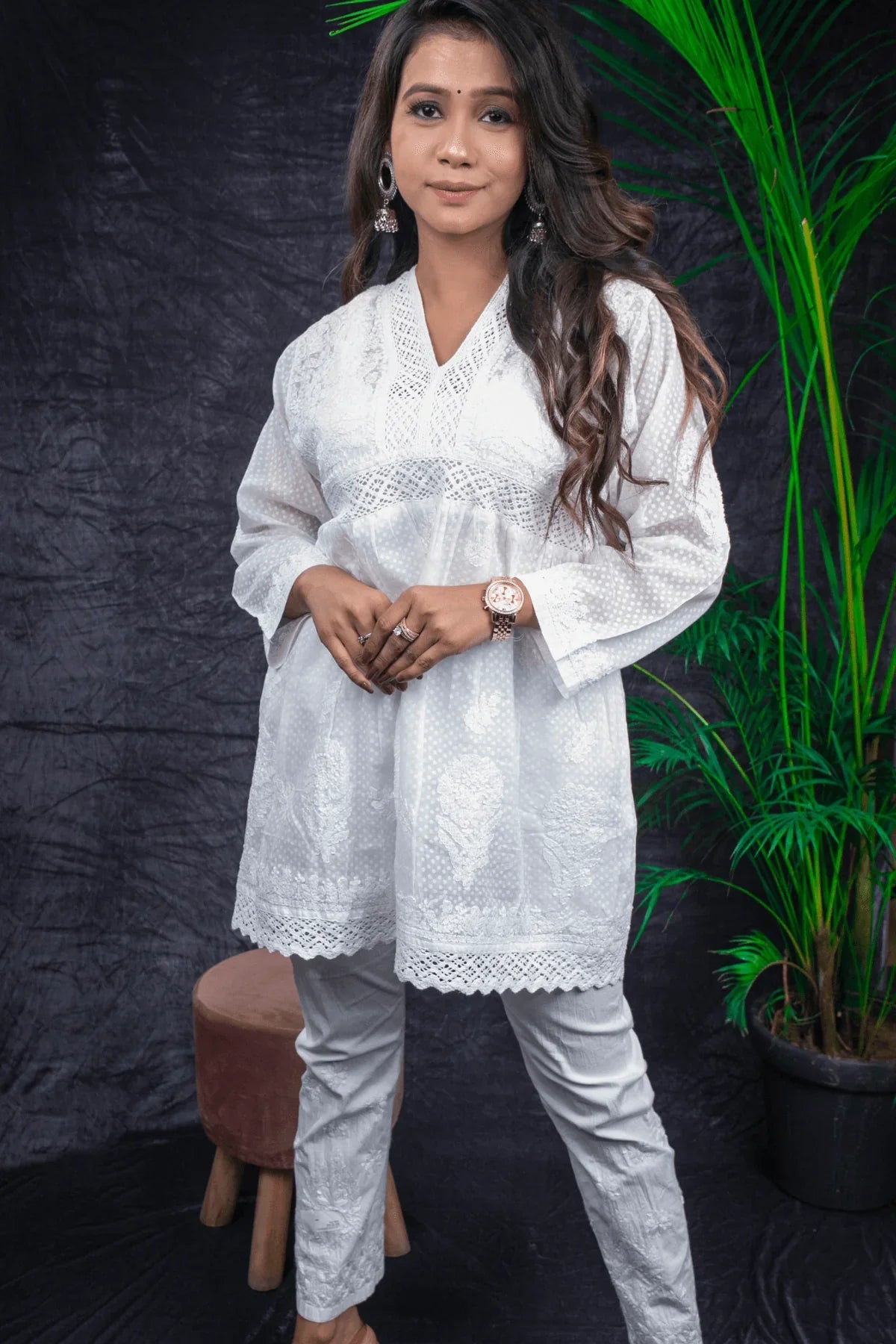Voile Cotton Chikankari with Qureshia Short Kurti - Awadhkari