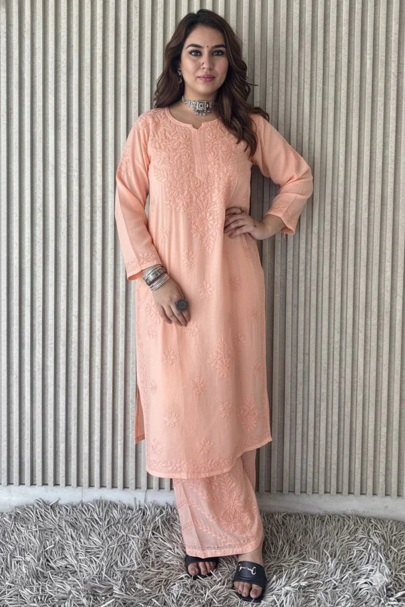 Peach Lucknowi Chikankari Beautiful Designer Dyeble Chanderi silk Plazo Set - Awadhkari