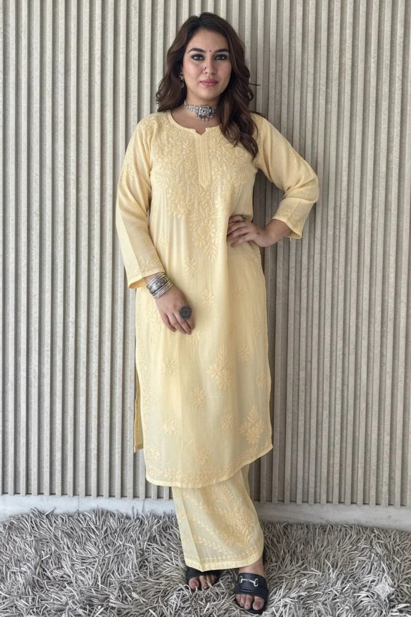 Powder Yellow Lucknowi Chikankari Beautiful Designer Dyeble Chanderi silk Plazo Set - Awadhkari