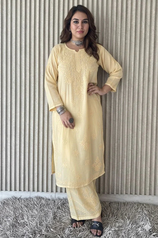 Powder Yellow Lucknowi Chikankari Beautiful Designer Dyeble Chanderi silk Plazo Set - Awadhkari