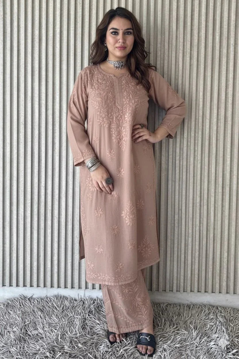 Beige Brown Lucknowi Chikankari Beautiful Designer Dyeble Chanderi silk Plazo Set - Awadhkari