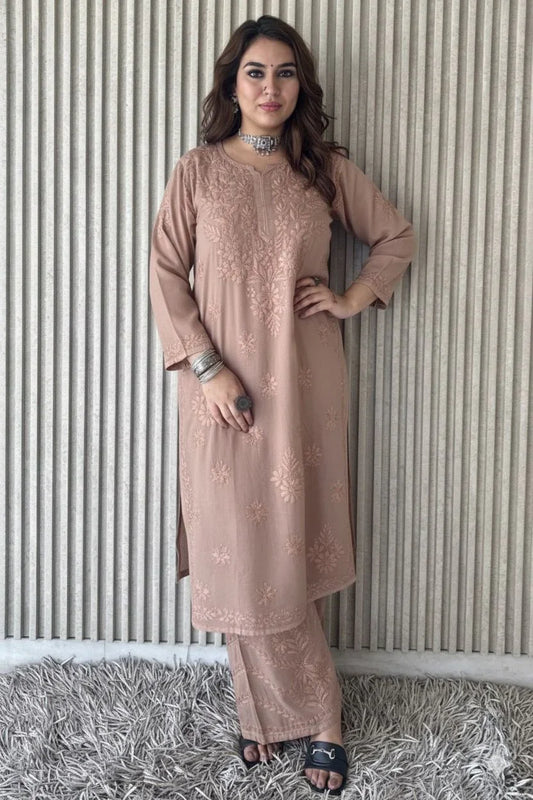 Beige Brown Lucknowi Chikankari Beautiful Designer Dyeble Chanderi silk Plazo Set - Awadhkari