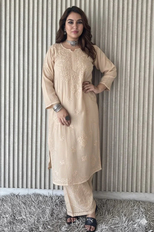 Powder Brown Lucknowi Chikankari Beautiful Designer Dyeble Chanderi silk Plazo Set - Awadhkari