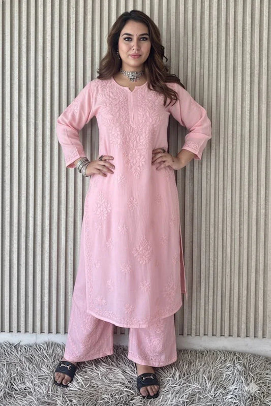 Powder Pink Lucknowi Chikankari Beautiful Designer Dyeble Chanderi silk Plazo Set - Awadhkari