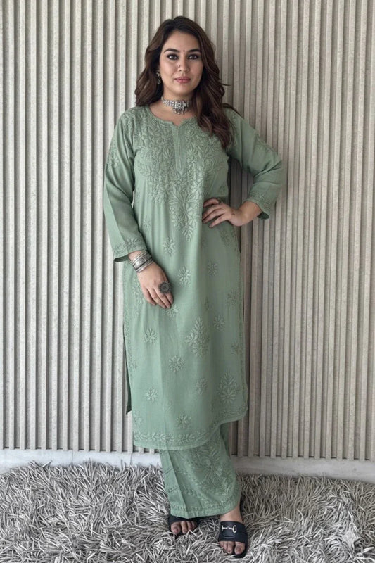 Basil Green Lucknowi Chikankari Beautiful Designer Dyeble Chanderi silk Plazo Set - Awadhkari
