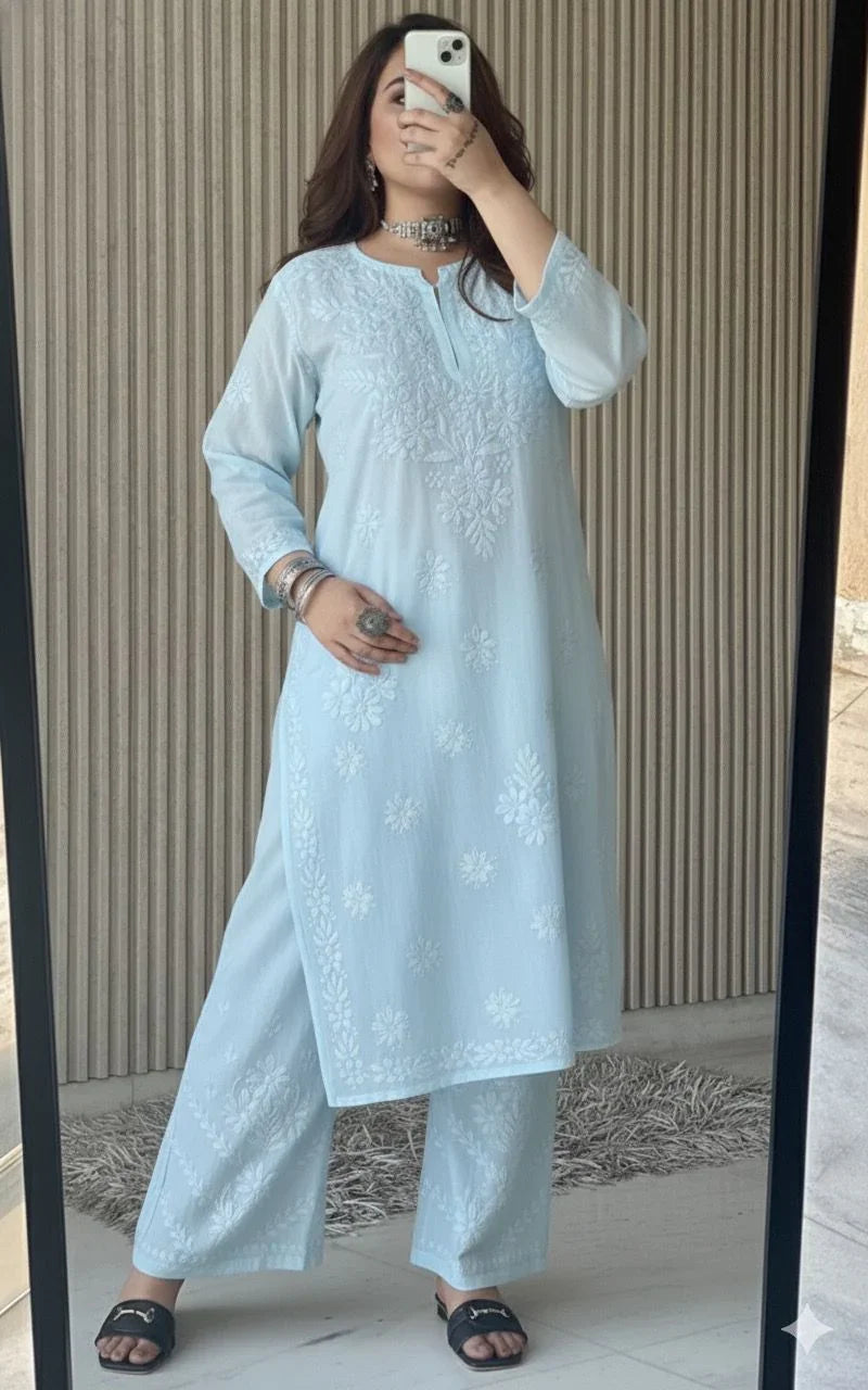 Sky Blue Lucknowi Chikankari Beautiful Designer Dyeble Chanderi silk Plazo Set - Awadhkari