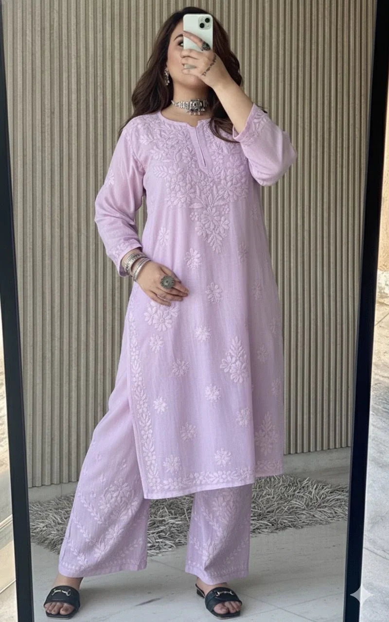 Lavender Purple Lucknowi Chikankari Beautiful Designer Dyeble Chanderi silk Plazo Set - Awadhkari