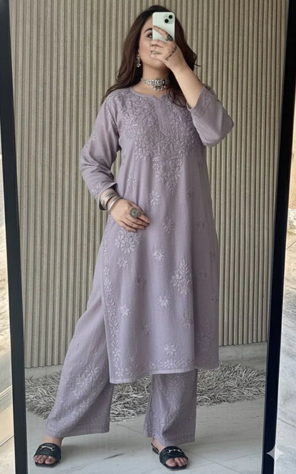 Steel Grey Lucknowi Chikankari Beautiful Designer Dyeble Chanderi silk Plazo Set - Awadhkari