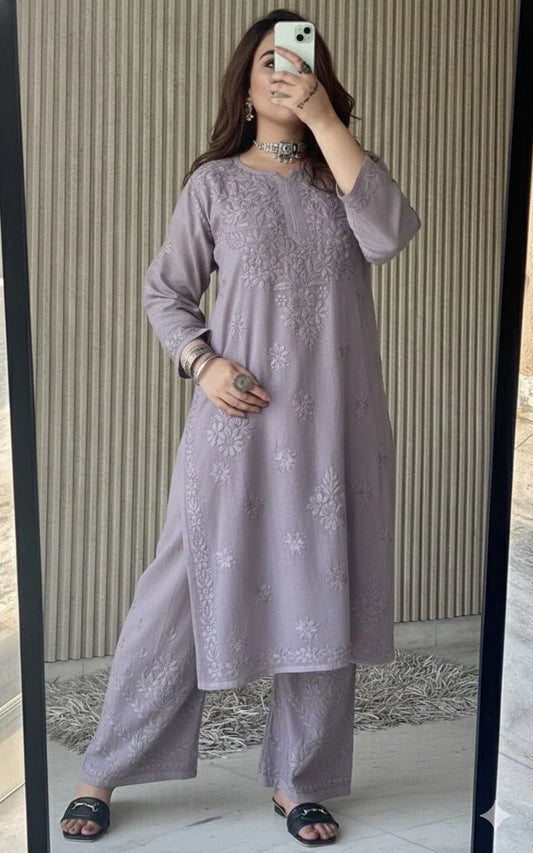 Steel Grey Lucknowi Chikankari Beautiful Designer Dyeble Chanderi silk Plazo Set - Awadhkari