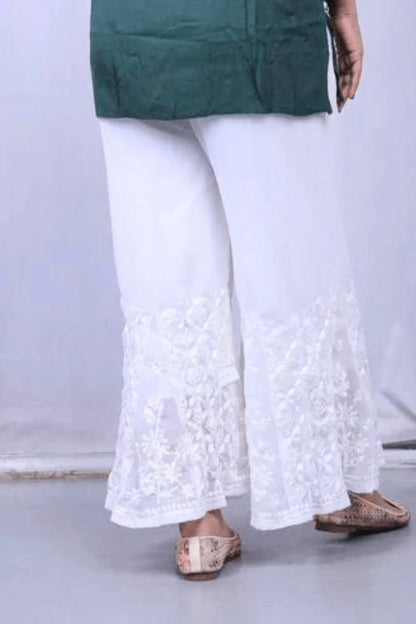 White Chiffon Chikankari Palazzo - Awadhkari