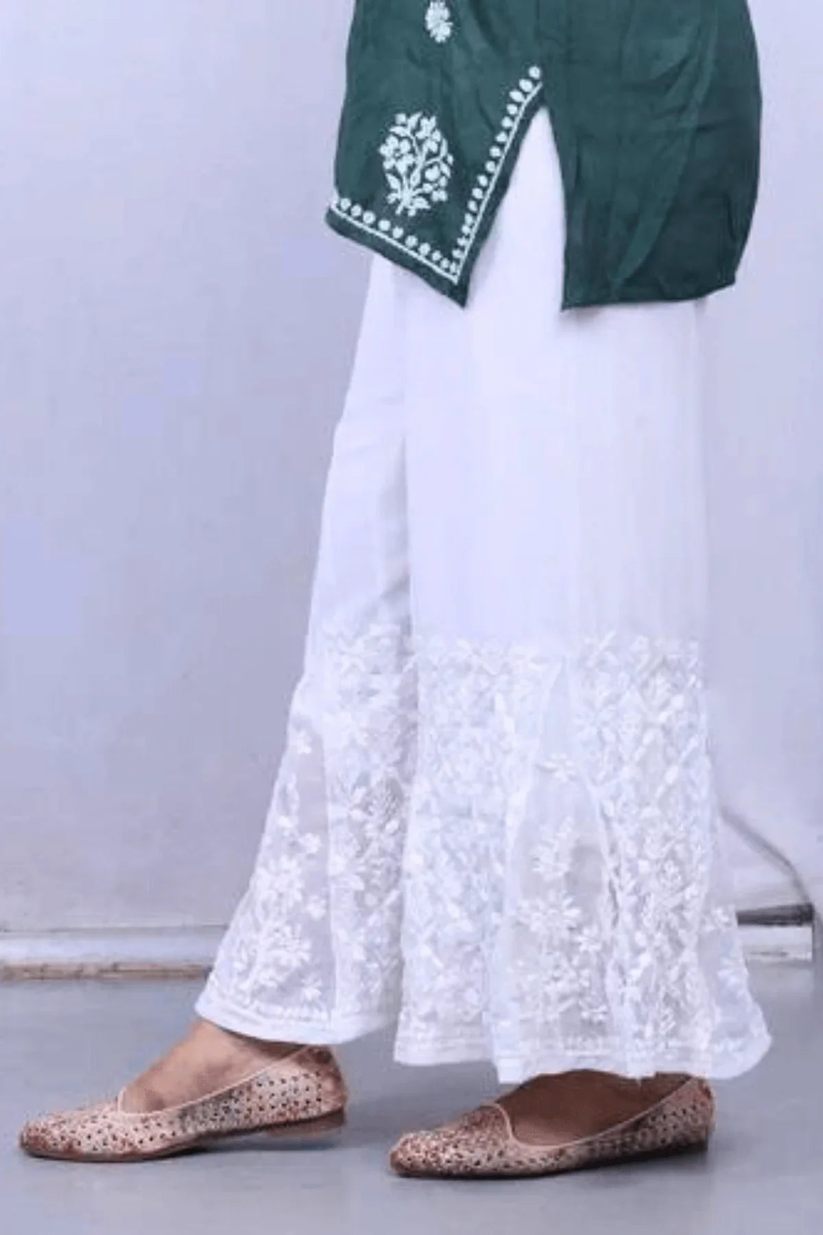 White Chiffon Chikankari Palazzo - Awadhkari