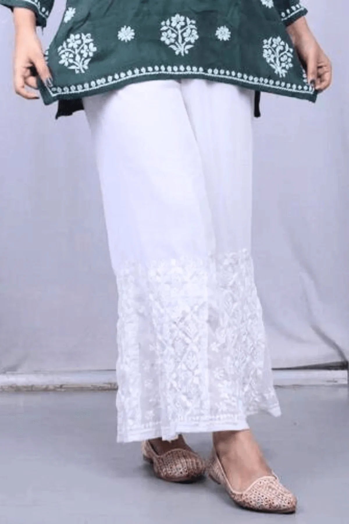 White Chiffon Chikankari Palazzo - Awadhkari