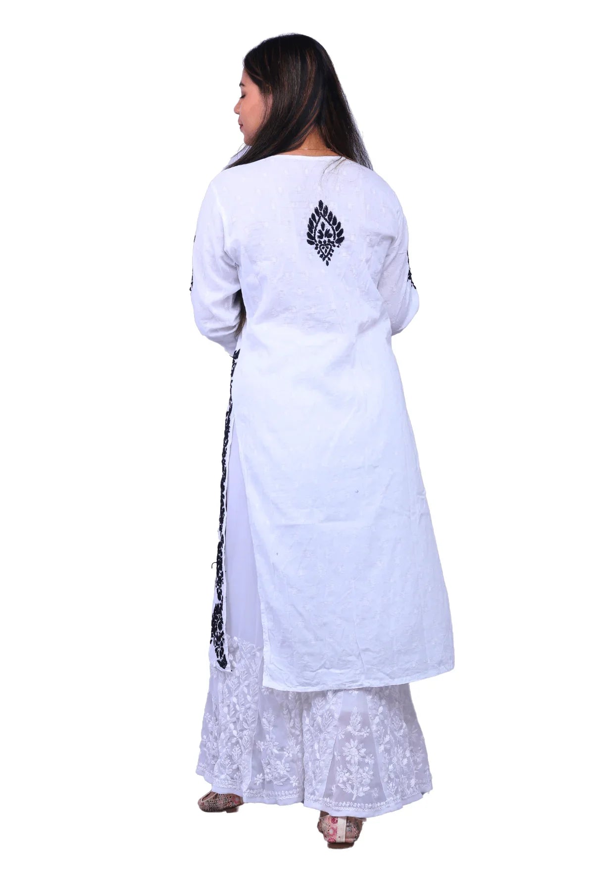 White Chikankari Long Kurti on Black Malmal Cotton - Awadhkari